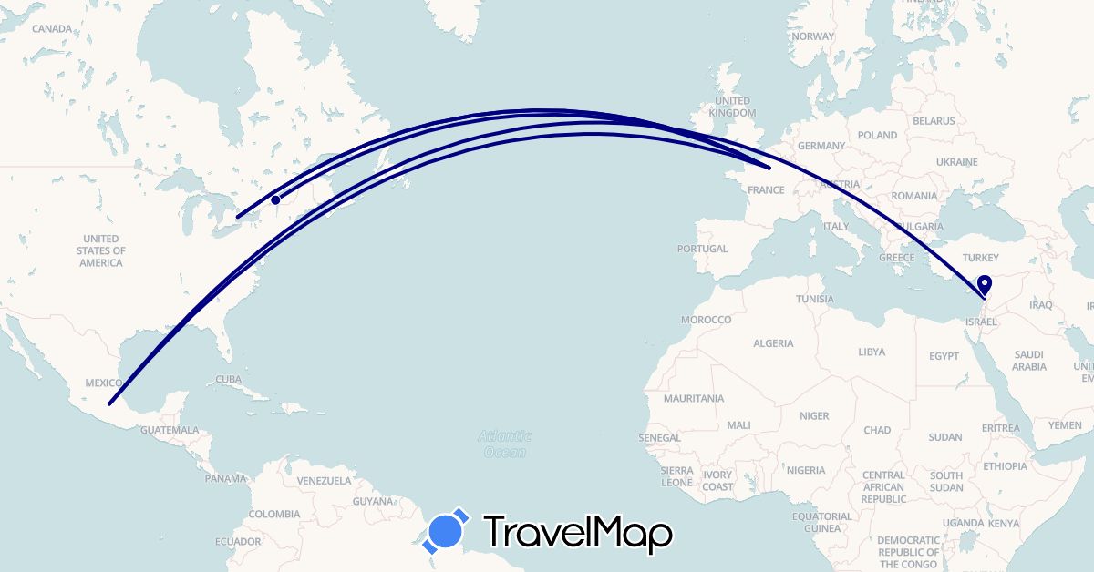 TravelMap itinerary: driving in Canada, France, Lebanon, Mexico (Asia, Europe, North America)